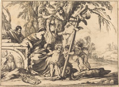 Heilige Familie met Engelen en het Kruis, Verpletterend een Slang door Laurent de la Hyre