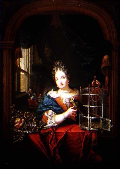 Portret van een Vrouw met een Papegaai door Laureys Goubau