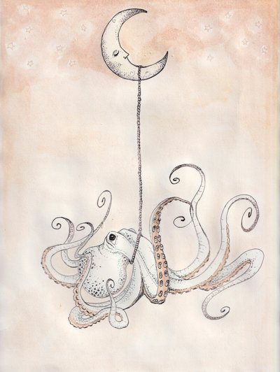 Welterusten Octopus, 2025 (aquarel en inkt op aquarelpapier) door Laurie Michaels