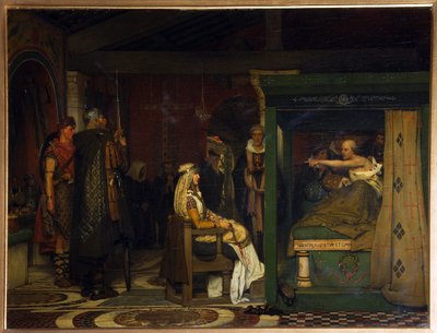 Fredegonde (ca. 545-597), koningin van Neustrië, bezoekt bisschop Pretextat van Rouen (overleden in 586) op zijn sterfbed door Lawrence Alma Tadema