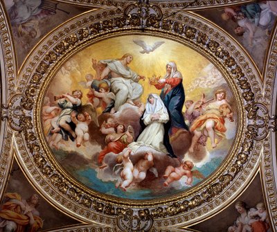 De Heilige Maagd kroont St. Rose van Lima met Jezus en de Heilige Geest door Lazzaro Baldi