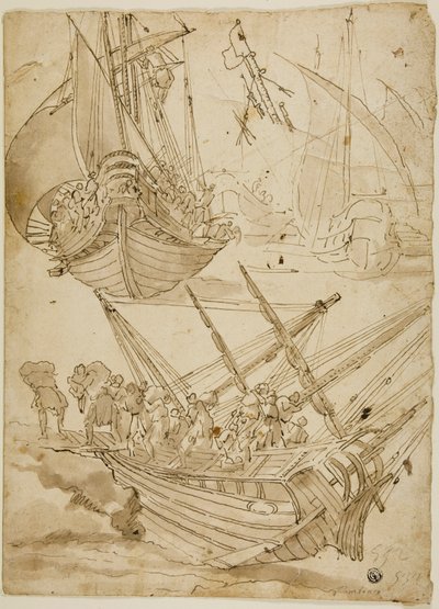 Bemanning verlaat schip (recto) Schetsen van Korinthische zuilen (verso) door Lazzaro Tavarone