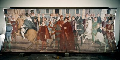 Doge Giacomo Durazzo Grimaldi begeleidt kardinaal Francesco Pacheco door de straten van Genua in 1574 (fresco) door Lazzaro Tavarone