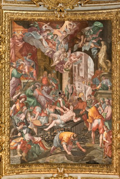 Genua, Duomo (Sint-Laurenskathedraal), binnen, het presbyteriumgewelf: "Het martelaarschap van Sint-Laurens" door Lazzaro Tavarone