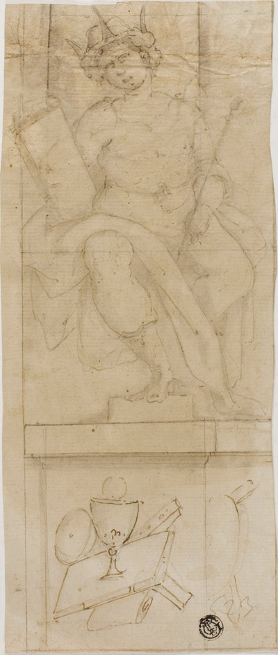 Zittende figuur met kroon, scepter en boek, met hostie eronder door Lazzaro Tavarone