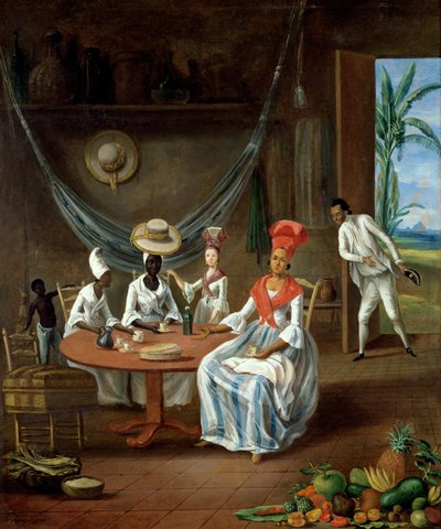 Een mulattovrouw met haar witte dochter bezocht door zwarte vrouwen in hun huis in Martinique, 1775 door Le Masurier