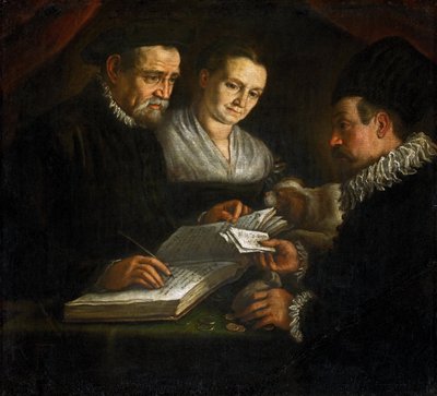 De geldwisselaar Orazio Lago, zijn vrouw en een klant door Leandro da Ponte Bassano