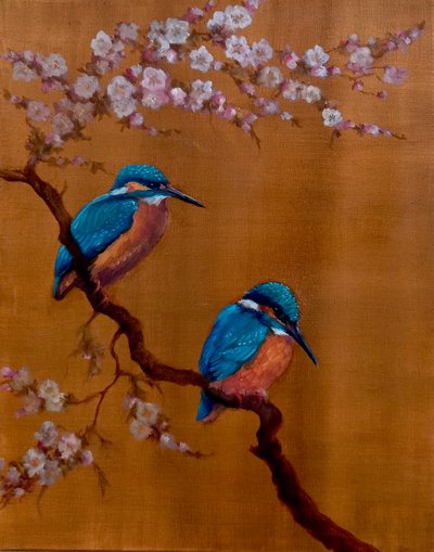 Twee IJsvogels & Appelbloesem, 2021 door Lee Campbell