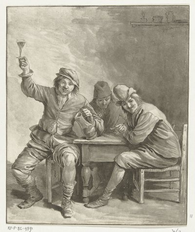 Drie mannen aan tafel roken en drinken door Leendert Brasser (signed by artist)
