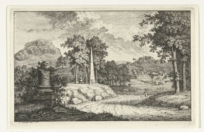Heuvelachtig landschap met obelisk langs de weg door Leendert Brasser
