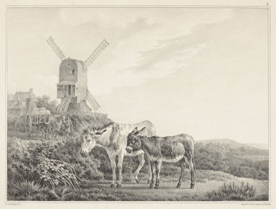 Twee ezels in een landschap bij een molen door Leendert de Koningh