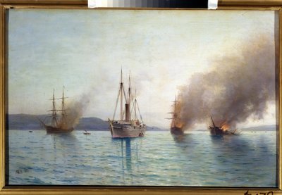 Russische torpedoboot Grand Duke Konstantin vernietigt Turkse schepen in de Bosporus in 1877 door Lef Feliksovich Lagorio