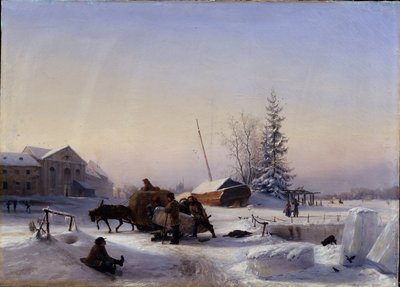 IJsvervoer. Winterzicht op het voormalige wijndorp op Vasily-eiland in Sint-Petersburg door Lef Feliksovich Lagorio