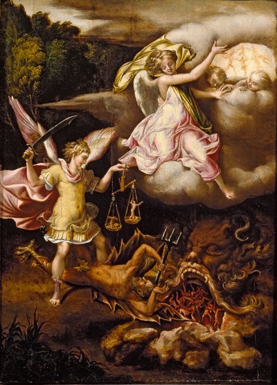 St. Michael die Satan onderwerpt en de zielen van de doden weegt door Lelio Orsi