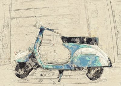 Blauwe vintage scooter door Lembayung senja studio [Vintage Poster]