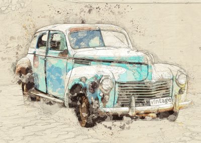 Rustieke blauwe oldtimer door Lembayung senja studio [Vintage Poster]