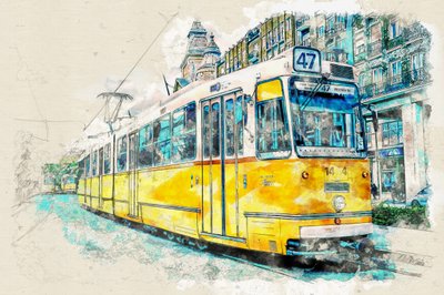 Stedelijke tram in aquarel door Lembayung senja studio [Vintage Poster]