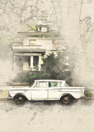Schets van een oldtimer en een oud huis door Lembayung senja studio [Vintage Poster]