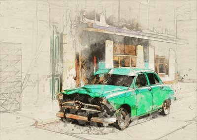Schets van een vintage groene auto door Lembayung senja studio [Vintage Poster]
