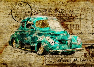 Vintage ansichtkaart met een auto in blauwgroen door Lembayung senja studio [Vintage Poster]