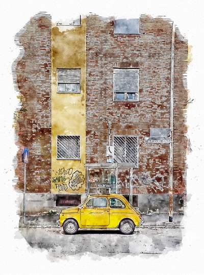 Gele klassieke stadsauto door Lembayung senja studio [Vintage Poster]