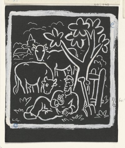 Boer rustend onder een boom in een weiland met koeien door Leo Gestel (signed by artist)