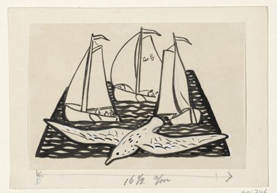 Drie zeilschepen en een zeemeeuw door Leo Gestel (signed by artist)