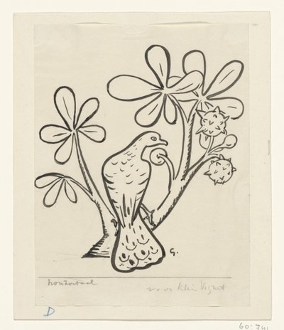 Duif op een tak van een kastanjeboom door Leo Gestel (signed by artist)