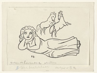 Liggende vrouw met twee paarden door Leo Gestel (signed by artist)