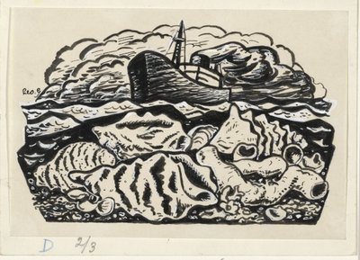 Stoomschip op zee met schelpen op het strand door Leo Gestel (signed by artist)