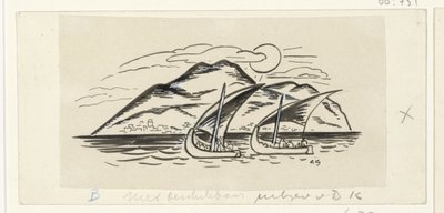 Twee zeilschepen voor een eiland met bergen door Leo Gestel (signed by artist)