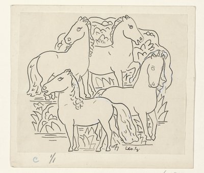Vier paarden door Leo Gestel (signed by artist)