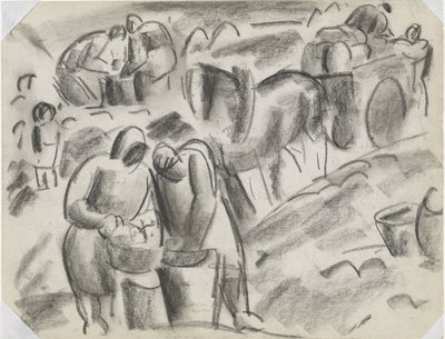 Aardappelrooiers op het land met paard en wagen door Leo Gestel