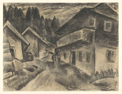 Dorpsgezicht met man met koe op dorpsweg door Leo Gestel
