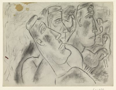 Drie boeren in een weiland met paarden door Leo Gestel