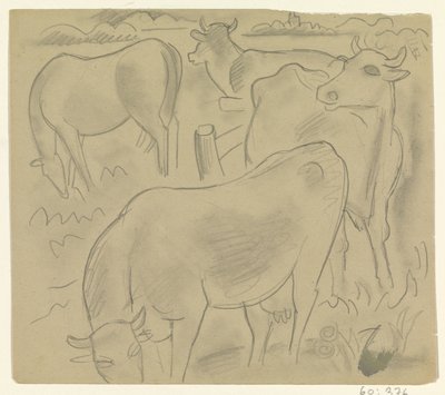 Drie koeien en een paard in de wei door Leo Gestel