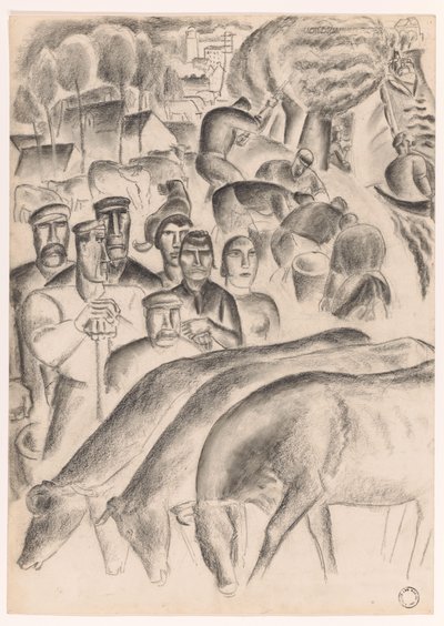 Grazende koeien, boeren en arbeiders op het land door Leo Gestel