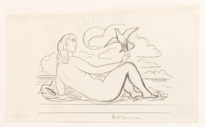 Liggend vrouwelijk naakt op het strand en een zeemeeuw door Leo Gestel