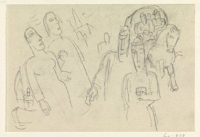 Mensen op straat en een paard met wagen door Leo Gestel