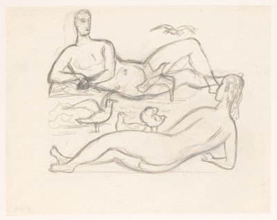 Naakte man en vrouw aan de kustlijn, omringd door zeemeeuwen door Leo Gestel
