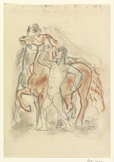 Naakte man houdt twee paarden in bedwang door Leo Gestel