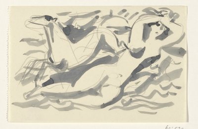 Naakte vrouw en paard in de zee door Leo Gestel