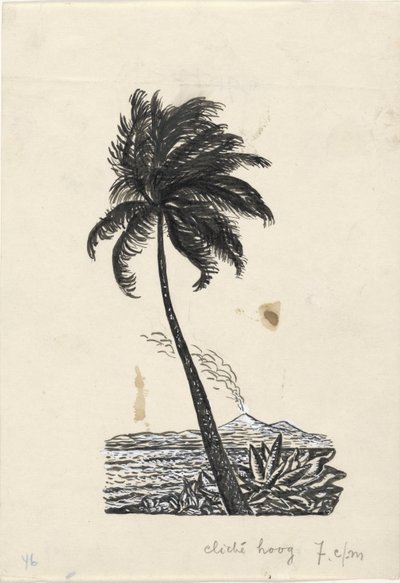 Palmboom met op de achtergrond een eiland met een vulkaan door Leo Gestel