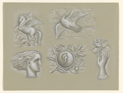 Pegasus, duif, vrouwenhoofd, wapen en hand met roos door Leo Gestel