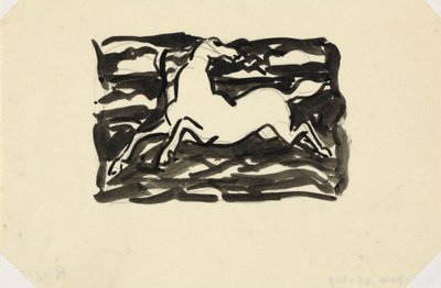 Springend paard met het hoofd naar achteren gedraaid in een kader met op de achtergrond golven door Leo Gestel