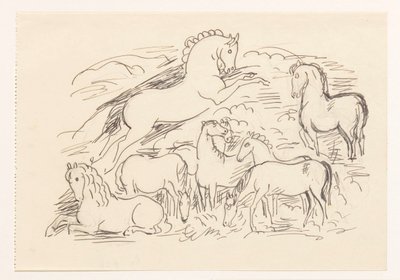 Studieblad met acht paarden door Leo Gestel