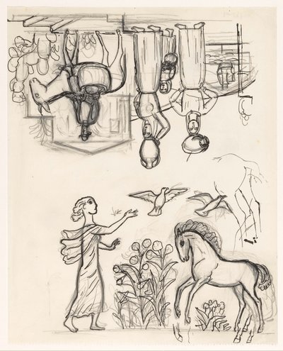 Studieblad met twee vrouwen met kruiken op het hoofd, een man op een ezel en een vrouw die vogels loslaat bij een veulen door Leo Gestel