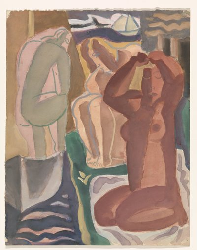 Twee badende vrouwen en een rugfiguur door Leo Gestel