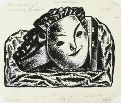 Twee maskers voor gebouw en rotsen (schets) door Leo Gestel