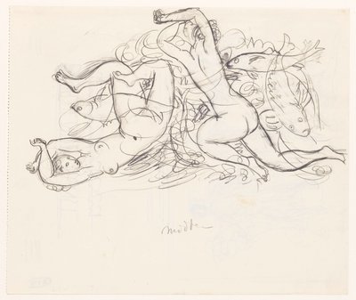 Twee naakte vrouwen en drie vissen door Leo Gestel